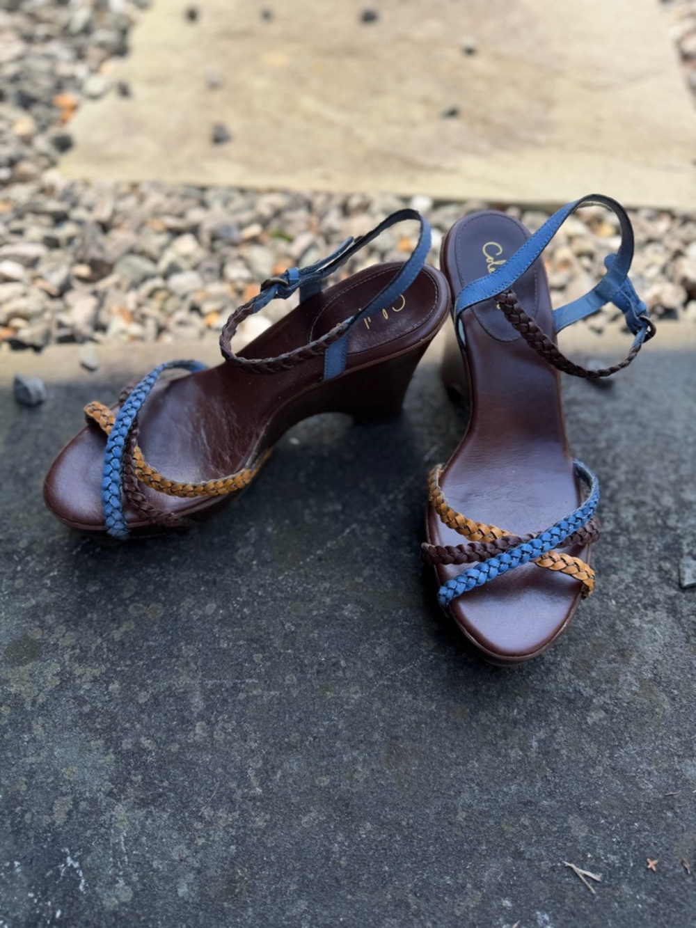 Cole Haan Brown Wedge Sandals with Blue and Tan Braided Straps